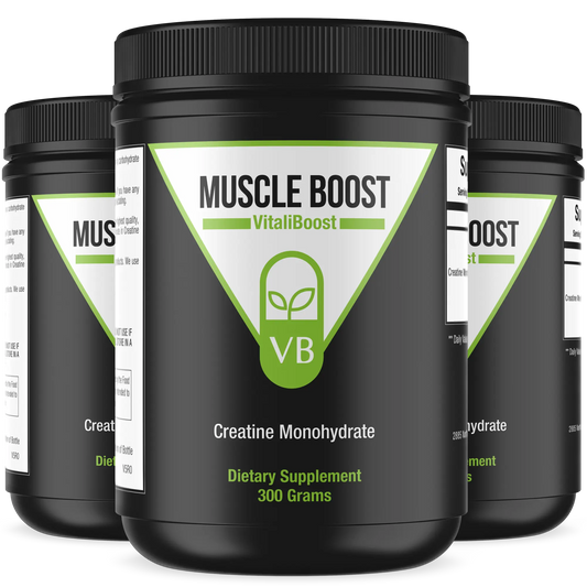 This 3 pack of Muscle Boost contains 100% pure Creatine Monohydrate (that's it!). Vitaliboost’s Creatine Monohydrate supplement is one of the highest quality available, containing no fillers or additives. This gives you ultimate results: increased muscle mass and strength, improved athletic performance, and enhanced recovery time. Made in the USA.