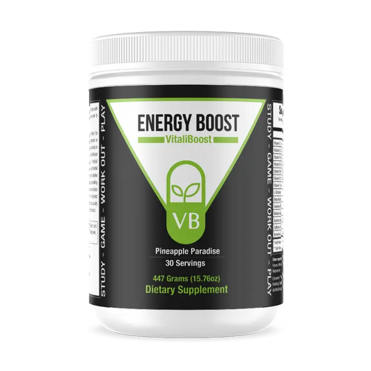 Propel your body energy levels & brain's focus to the next level with Energy Boost! An energy supplement that gives a burst of energy with our blend of Caffeine, B Vitamins, Dynamine, Vitamin C, L-Citruline, and other energy stimulating nutrients.